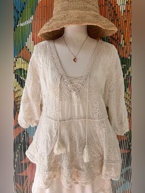 POL Cream Lace-Embroidered Peasant Top with Tassel Tie